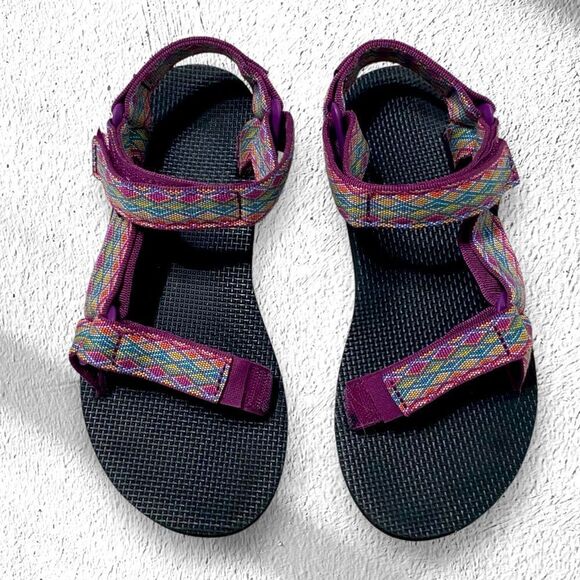 TEVA Sandals Original Universal Webbed Purple Multicolored Print Black Size 6 - Picture 3 of 9